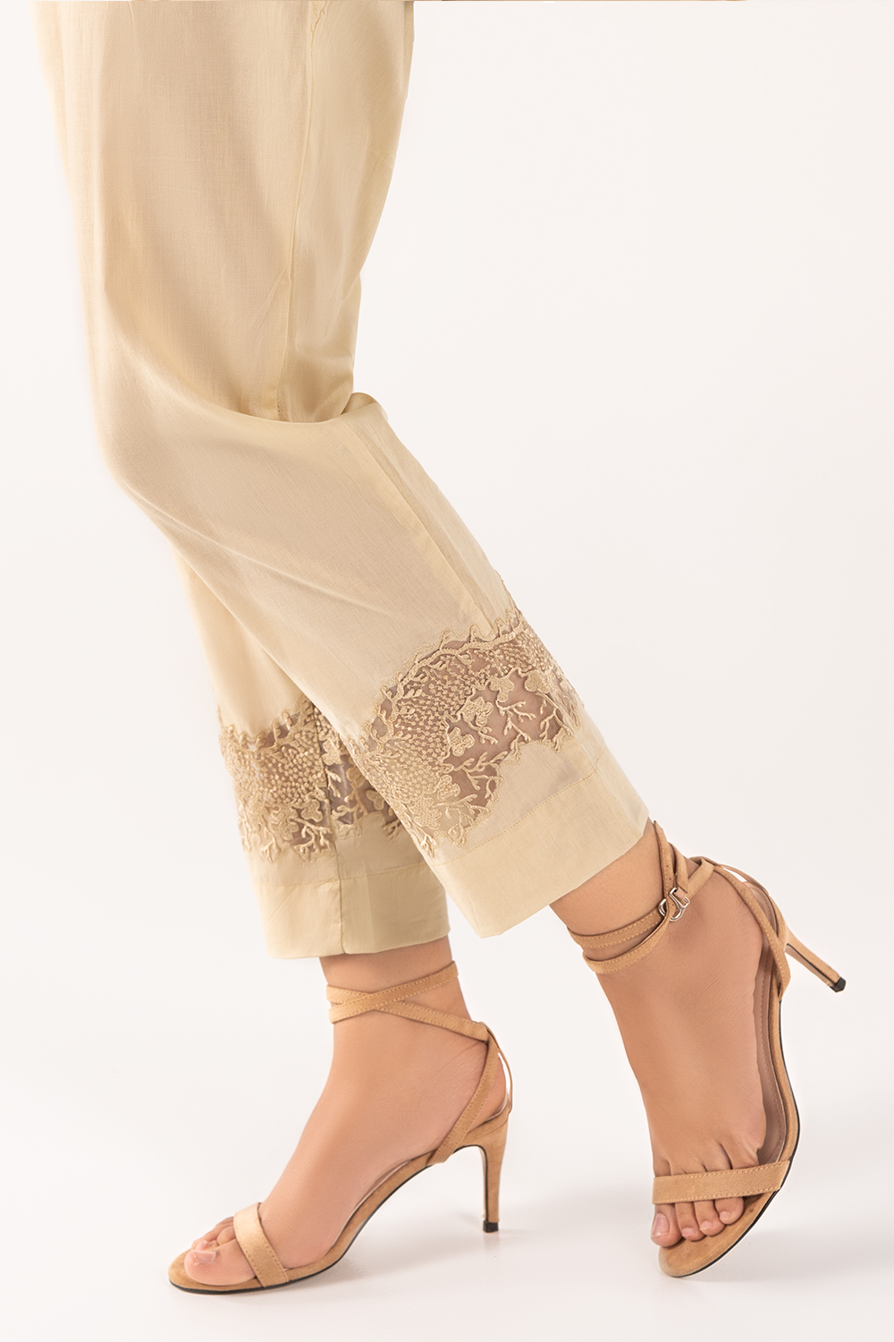 Beige Dyed & Embroidered Cambric Trouser TR-21-40